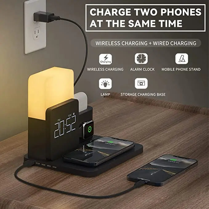 4 In 1 Fast Wireless Charger Station Alarm Clock with Lamp for Apple