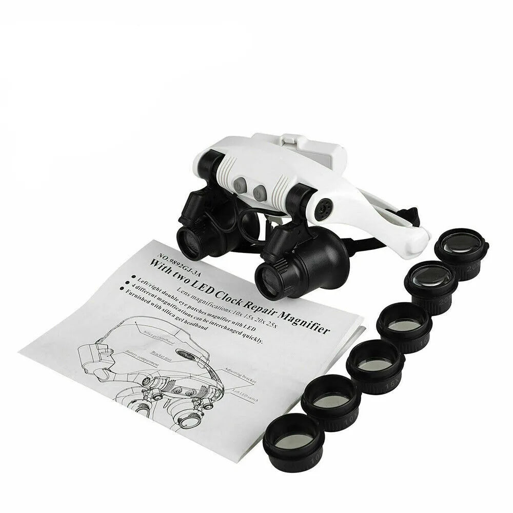 Headband Head Magnifier 8 Lens LED Light Jeweler Glasses