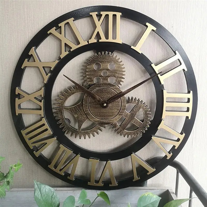 Oversized Roman Numeral Industrial Wall Clock - Black Metal Steampunk