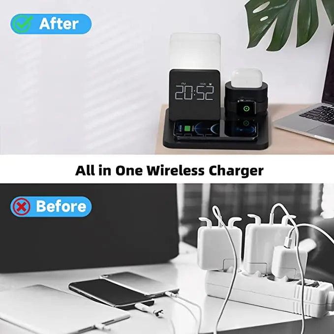 4 In 1 Fast Wireless Charger Station Alarm Clock with Lamp for Apple
