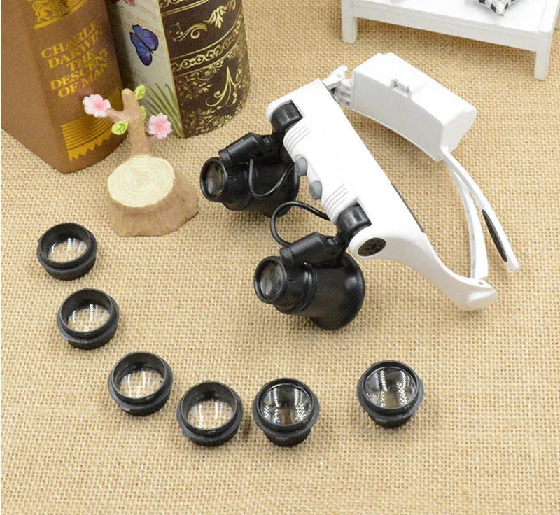 Headband Head Magnifier 8 Lens LED Light Jeweler Glasses