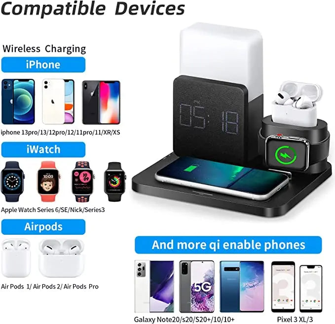 4 In 1 Fast Wireless Charger Station Alarm Clock with Lamp for Apple