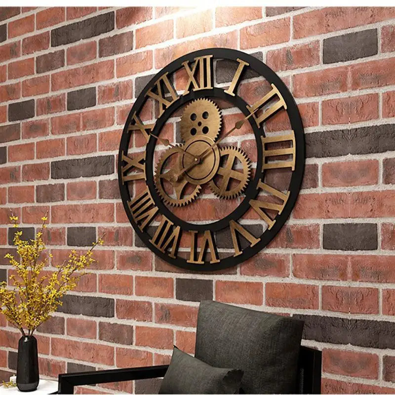 Oversized Roman Numeral Industrial Wall Clock - Black Metal Steampunk