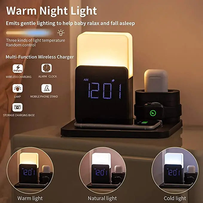 4 In 1 Fast Wireless Charger Station Alarm Clock with Lamp for Apple