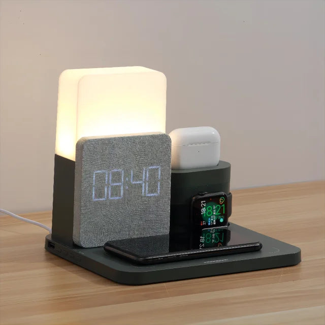 4 In 1 Fast Wireless Charger Station Alarm Clock with Lamp for Apple