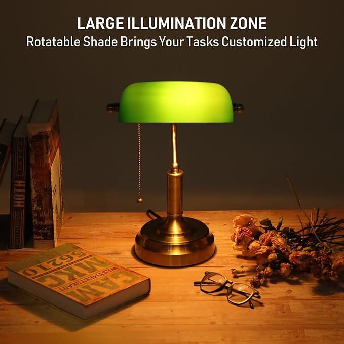 Classic Banker Desk Lamp | Green Glass Shade with Brass Base