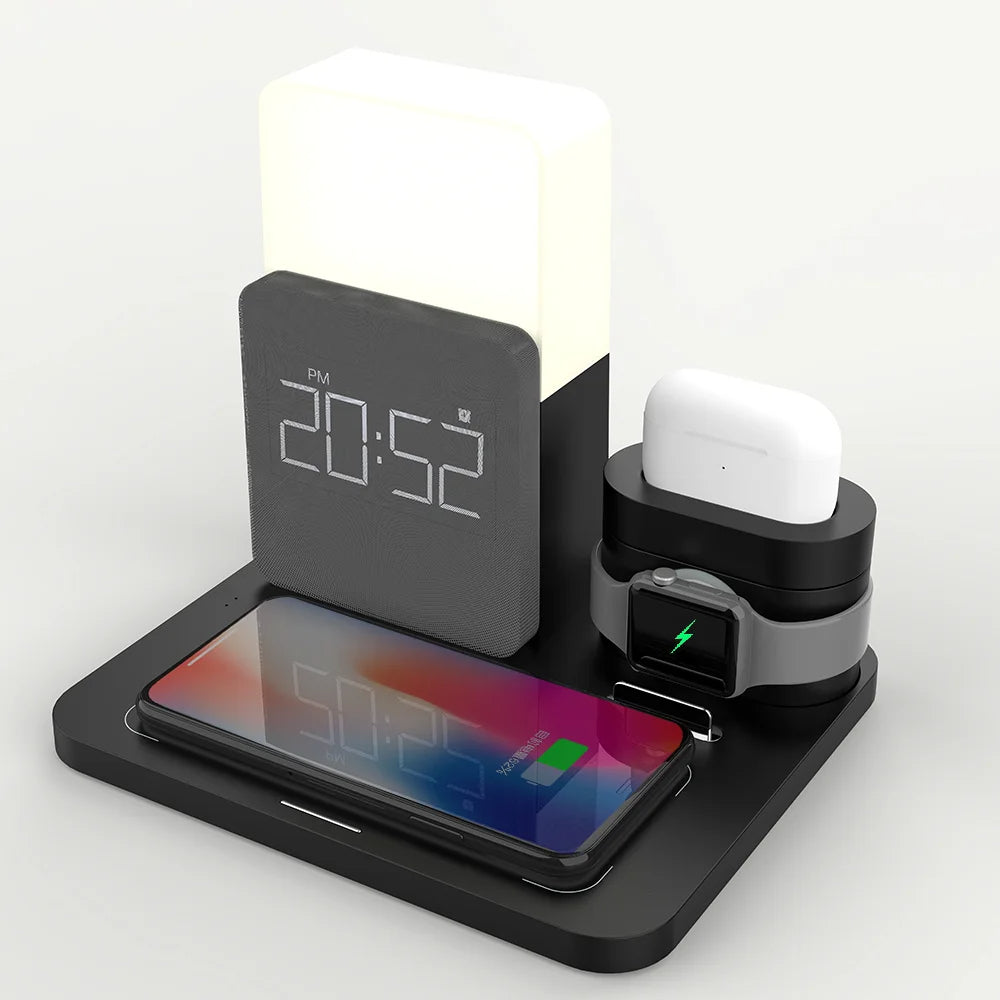 4 In 1 Fast Wireless Charger Station Alarm Clock with Lamp for Apple