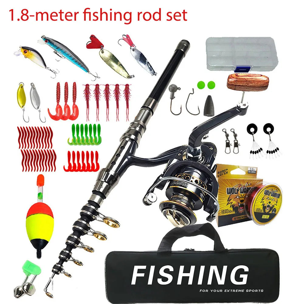 Canne à pêche télescopique en carbone avec moulinet – Kit complet