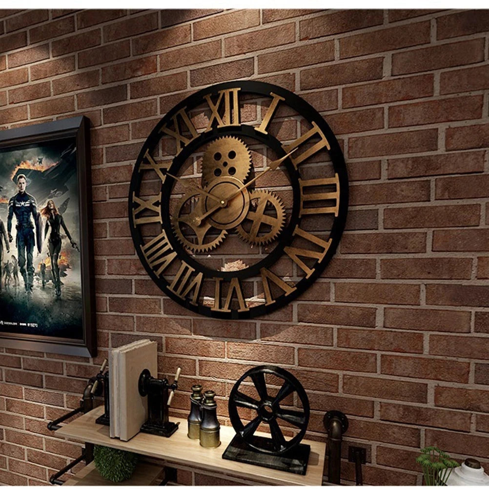 Oversized Roman Numeral Industrial Wall Clock - Black Metal Steampunk