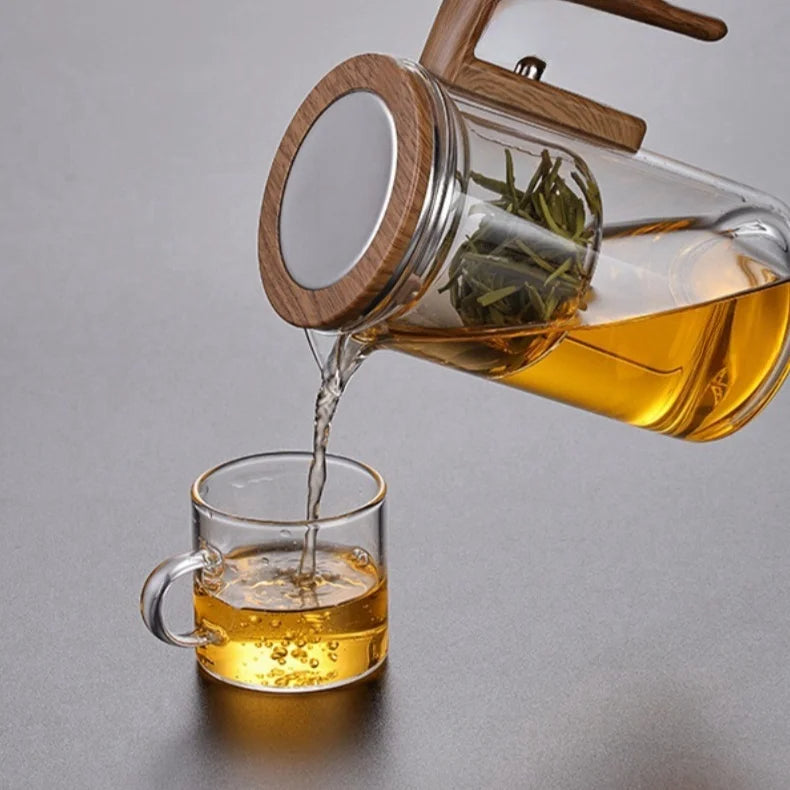 Théière en Verre avec Poignée en Bois