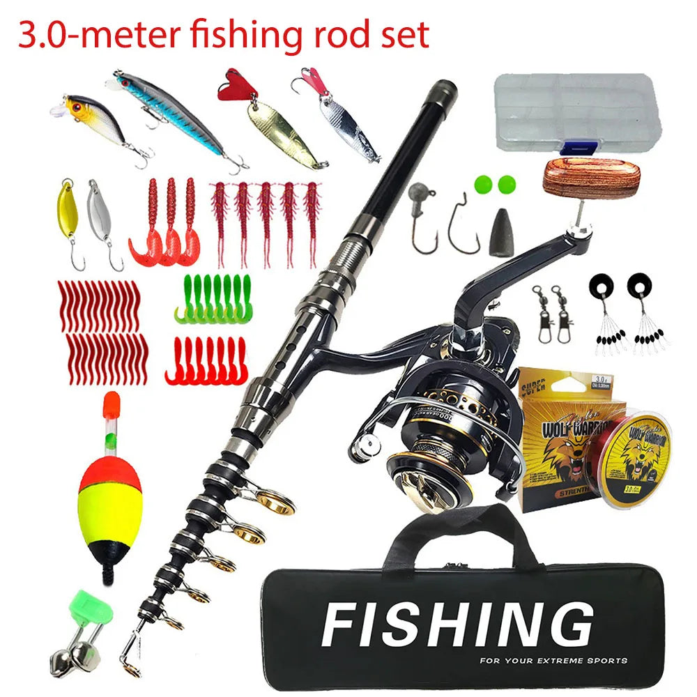 Canne à pêche télescopique en carbone avec moulinet – Kit complet