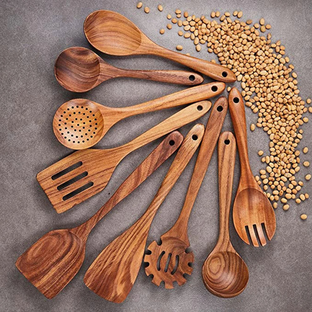 Ustensiles de cuisine en bois de teck naturel premium – Cuillères et accessoires de cuisson écologiques et non toxiques pour un usage quotidien à la maison