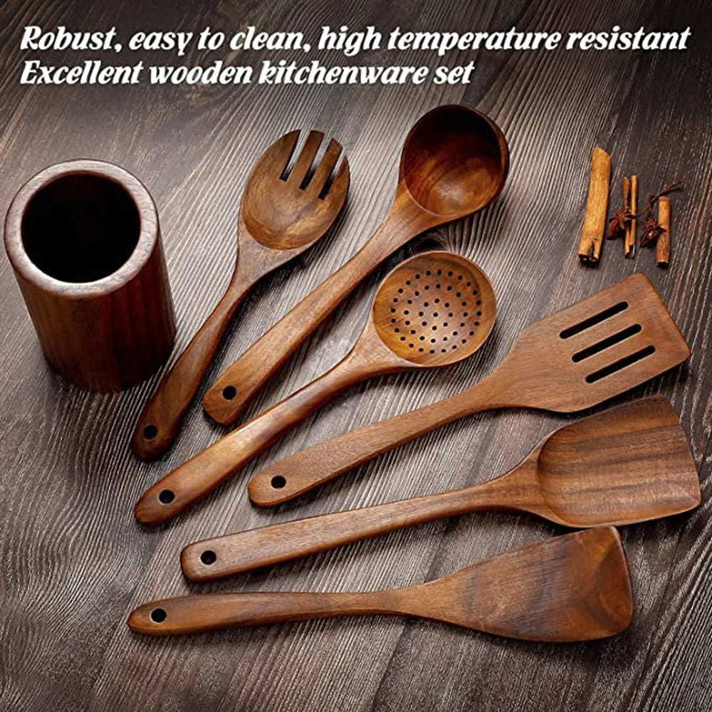 Ustensiles de cuisine en bois de teck naturel premium – Cuillères et accessoires de cuisson écologiques et non toxiques pour un usage quotidien à la maison