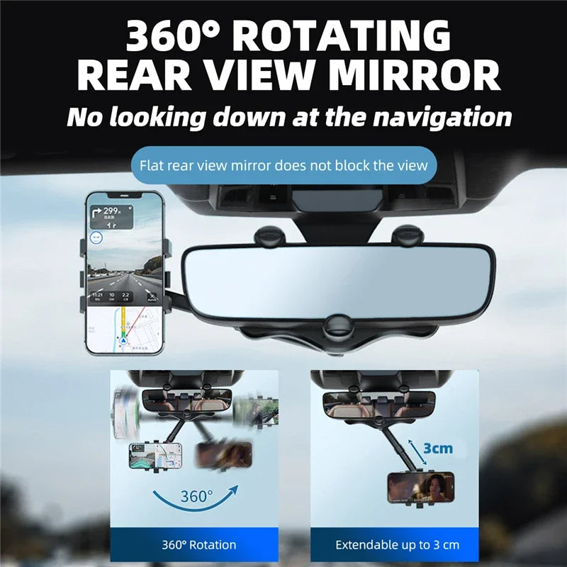 Support de Téléphone Voiture Rotatif et Rétractable – Support Téléphone Rétroviseur 360 Degrés