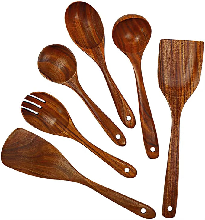 Ustensiles de cuisine en bois de teck naturel premium – Cuillères et accessoires de cuisson écologiques et non toxiques pour un usage quotidien à la maison