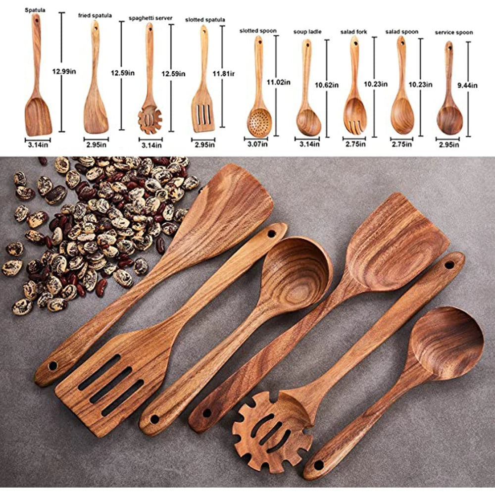 Ustensiles de cuisine en bois de teck naturel premium – Cuillères et accessoires de cuisson écologiques et non toxiques pour un usage quotidien à la maison