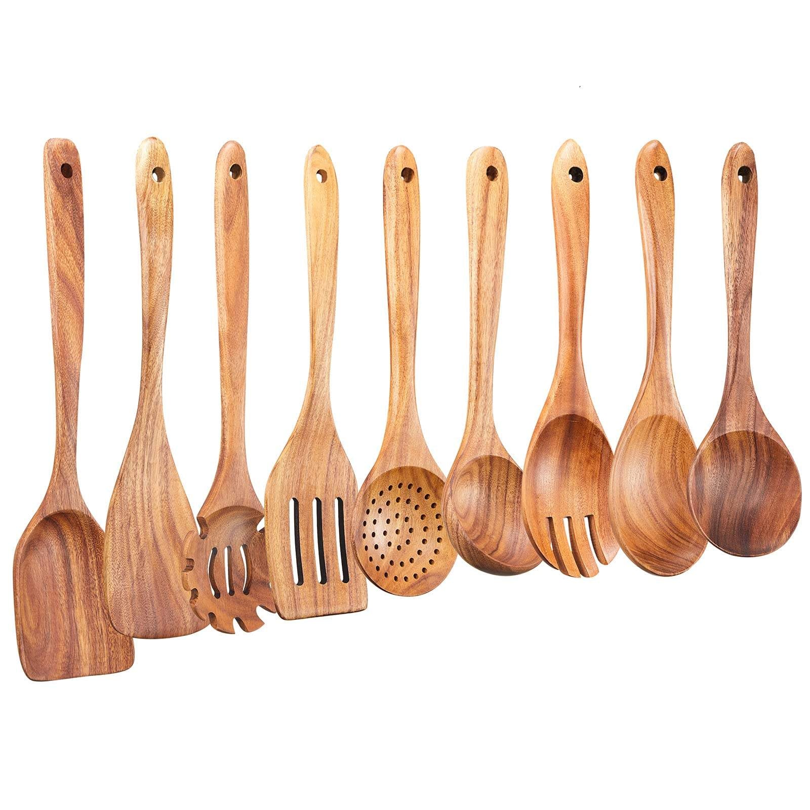 Ustensiles de cuisine en bois de teck naturel premium – Cuillères et accessoires de cuisson écologiques et non toxiques pour un usage quotidien à la maison