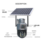 Caméra de Sécurité Sans Fil DualGuard 4K avec Panneau Solaire – 4K Ultra HD, Zoom 10x, Vision à 360°, Vision Nocturne, Audio Bidirectionnel, Étanche IP66
