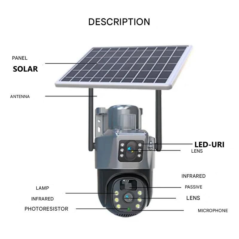 Caméra de Sécurité Sans Fil DualGuard 4K avec Panneau Solaire – 4K Ultra HD, Zoom 10x, Vision à 360°, Vision Nocturne, Audio Bidirectionnel, Étanche IP66