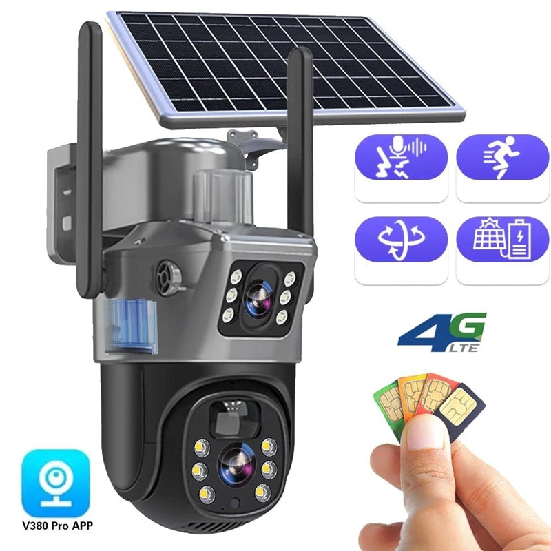 Caméra de Sécurité Sans Fil DualGuard 4K avec Panneau Solaire – 4K Ultra HD, Zoom 10x, Vision à 360°, Vision Nocturne, Audio Bidirectionnel, Étanche IP66