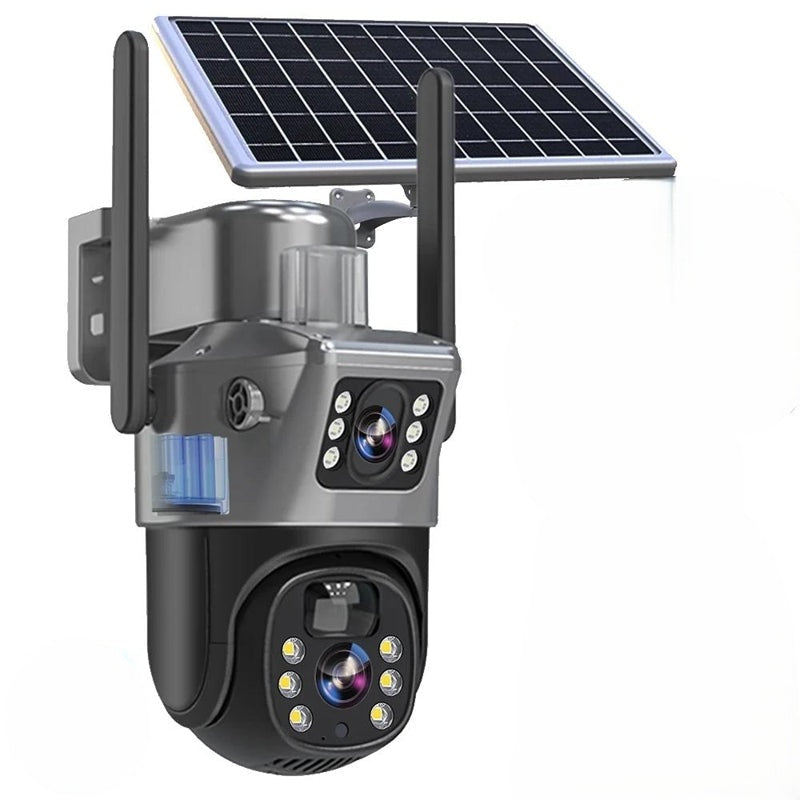 Caméra de Sécurité Sans Fil DualGuard 4K avec Panneau Solaire – 4K Ultra HD, Zoom 10x, Vision à 360°, Vision Nocturne, Audio Bidirectionnel, Étanche IP66