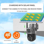 Caméra de Sécurité Sans Fil DualGuard 4K avec Panneau Solaire – 4K Ultra HD, Zoom 10x, Vision à 360°, Vision Nocturne, Audio Bidirectionnel, Étanche IP66