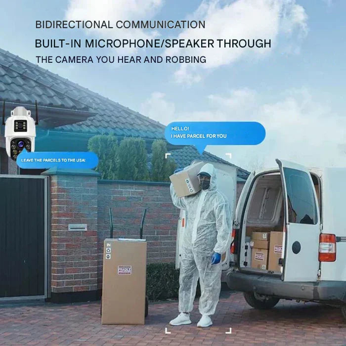 Caméra de Sécurité Sans Fil DualGuard 4K avec Panneau Solaire – 4K Ultra HD, Zoom 10x, Vision à 360°, Vision Nocturne, Audio Bidirectionnel, Étanche IP66