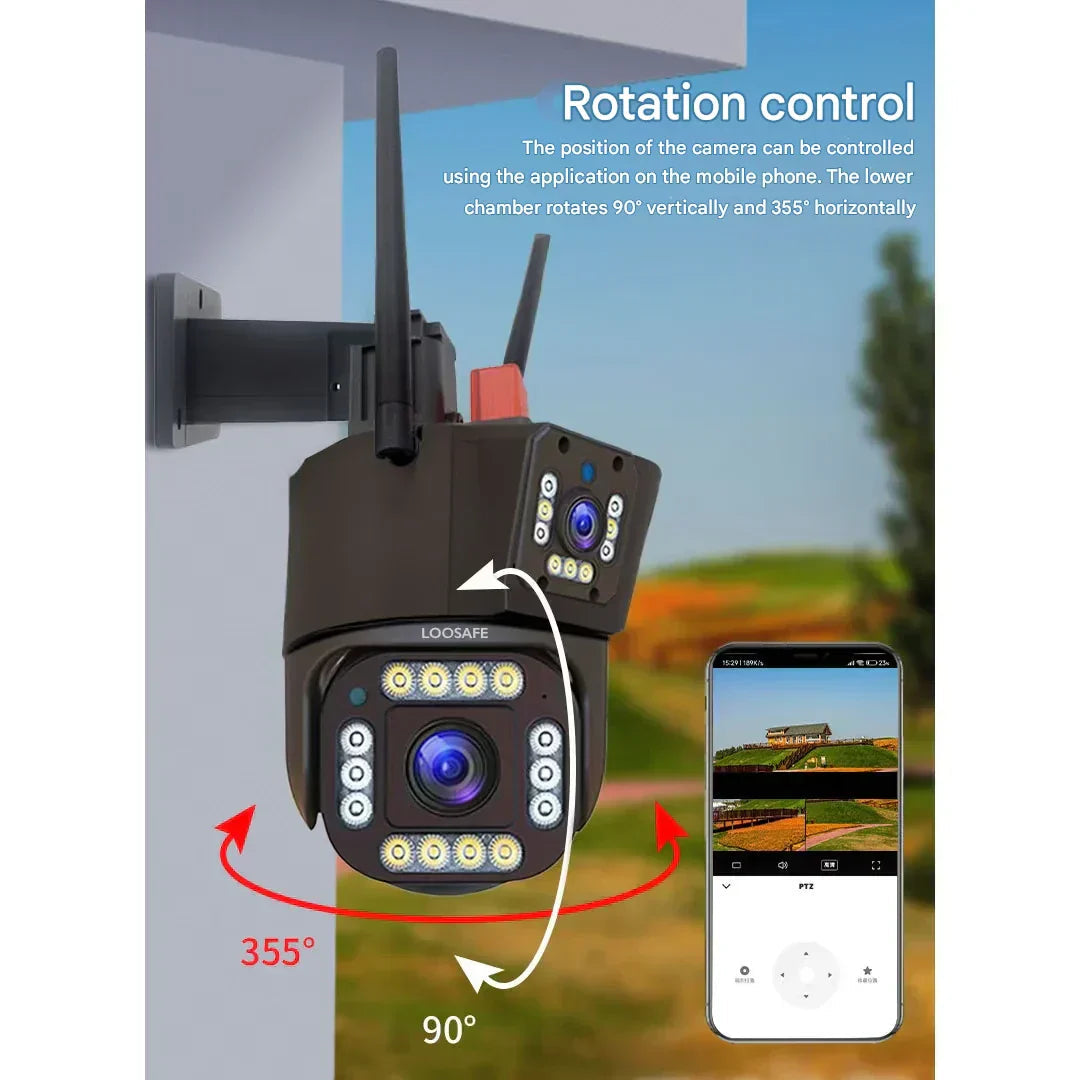 Caméra de Sécurité Sans Fil DualGuard 4K avec Panneau Solaire – 4K Ultra HD, Zoom 10x, Vision à 360°, Vision Nocturne, Audio Bidirectionnel, Étanche IP66