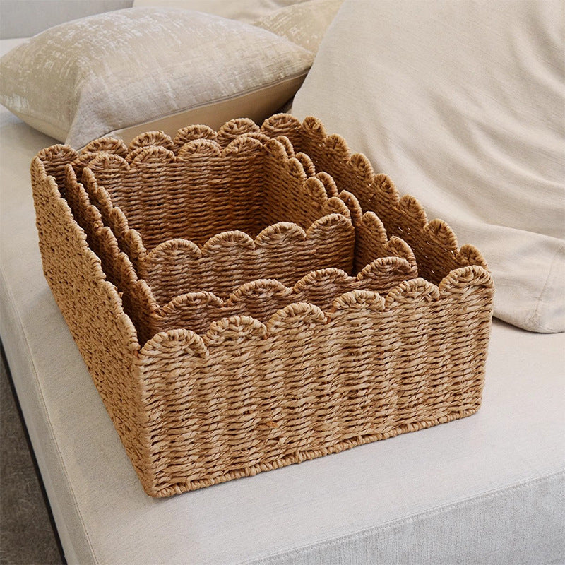 Natural Woven Wicker Storage Basket with Wavy Edges