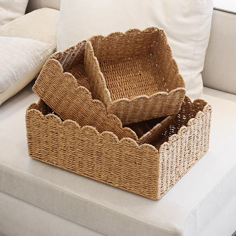 Natural Woven Wicker Storage Basket with Wavy Edges