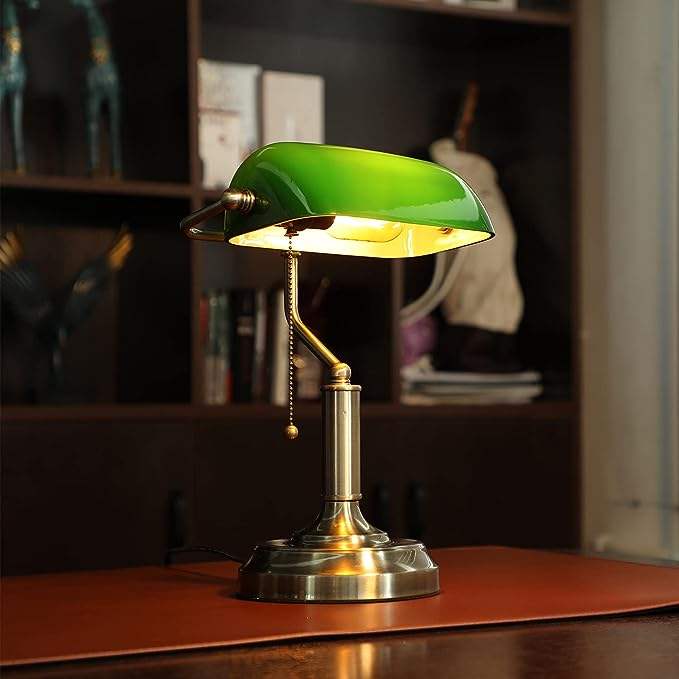 Classic Banker Desk Lamp | Green Glass Shade with Brass Base