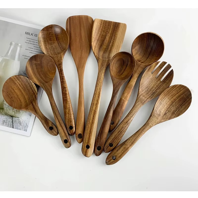 Ustensiles de cuisine en bois de teck naturel premium – Cuillères et accessoires de cuisson écologiques et non toxiques pour un usage quotidien à la maison