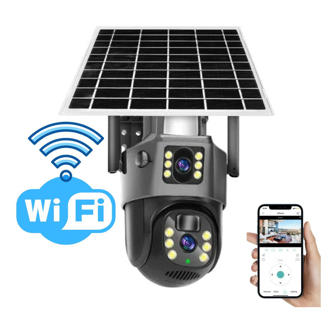Caméra de Sécurité Sans Fil DualGuard 4K avec Panneau Solaire – 4K Ultra HD, Zoom 10x, Vision à 360°, Vision Nocturne, Audio Bidirectionnel, Étanche IP66