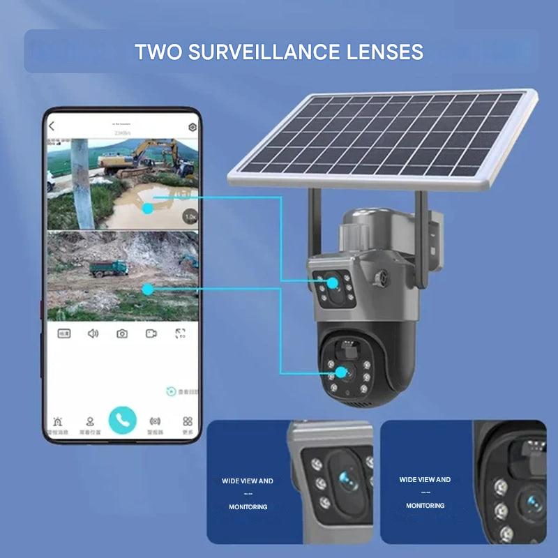 Caméra de Sécurité Sans Fil DualGuard 4K avec Panneau Solaire – 4K Ultra HD, Zoom 10x, Vision à 360°, Vision Nocturne, Audio Bidirectionnel, Étanche IP66
